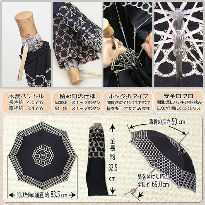 楽天市場 晴れの日専用 レディース日傘 パラソル折傘 ロールレース総刺繍50cm 8駒 軽量 2段折りたたみ傘 グラスファイバー骨 送料無料 コンパクト コンビニ受取対応商品 天然素材を使った優しい日傘 レース刺繍 プレゼント 無料ラッピング 母の日 義理の母 洋傘