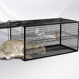 アニマルトラップ 捕獲器 53×19×19cm 猫 捕獲機 箱罠 踏板式 吊りエサ 害獣 駆除 捕獲カゴ 小動物 迷子猫 保護 野良猫 ハクビシン イタチ コンパクト メッシュ 設置簡単 庭 畑 農業 屋外用 ブラック