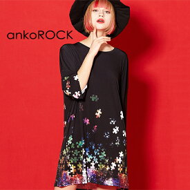 ankoROCK アンコロック Tシャツ メンズ ビッグTシャツ レディース ユニセックス 服 ブランド プリントTシャツ 総柄 半袖 クルーネック ロング丈 大きいサイズ ビッグシルエット オーバーサイズ カットソー ワンピース 黒