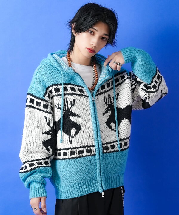 BEAMS HEART カウチン メンズ Mトナカイ柄 ニットカーディガン 【BEIGE 