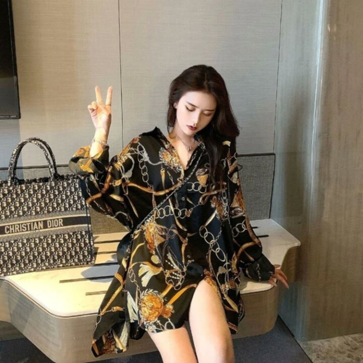 楽天市場】柄シャツ シャツ レディース 長袖 ブラウス チェーンベルト 