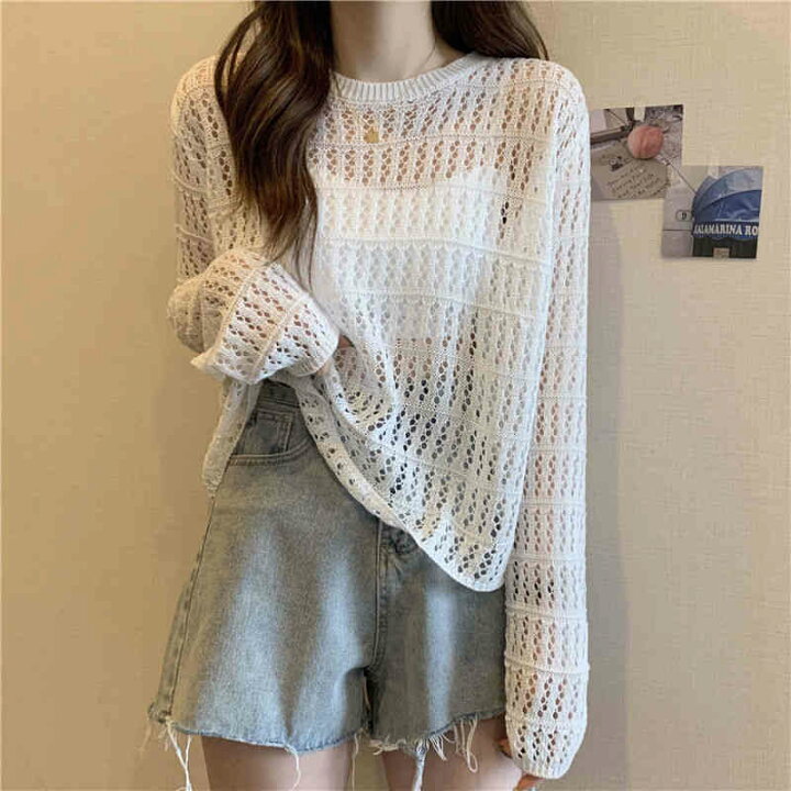 楽天市場】メッシュ ニット トップス レディース 春 長袖 透かし編み  