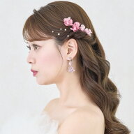 【 ローズピンクフラワーピン】小枝アクセサリー 小枝 ヘッドコサージュ ビジュー ブライダル 花嫁 結婚…