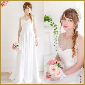 【シンプルミモレ丈ドレス】【レースデコルテカバー付】エンパイアドレス ウエディングドレス エンパイア 海外挙式_!結婚式ドレス 花嫁ドレス二次会ドレス エンパイアライン ウエディン