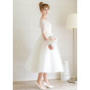 【流行オフショルダー袖付き】【上品なレースデザイン 】ウエディングドレス ミモレ 二次会 花嫁ドレス 二次会ドレス ミモレ  ミモレ丈 ウェディングミディアム アンクル丈 ミモレ丈