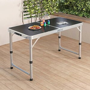 PonyLes 折りたたみテーブル アウトドア キャンプ テーブル 作業台 高さ調節 屋外 軽量机 組み立て不要 収納便利 庭 ベランダ ガーデン BBQ パーティー 対応 (ブラック, 100cm*50cm)