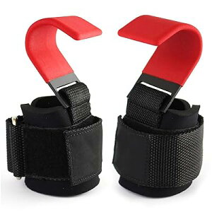 Yemax パワーグリップ 筋トレ グローブ フック 手首用ラップサポーター リストラップ ダンベル 懸垂 補助グリップ 滑り止め トレーニンググローブ ウェイトリフティングフック 1ペア-レッド
