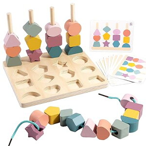 Shinse モンテッソーリ 知育玩具 紐通しおもちゃ 棒通しゲーム はめこみ 形合わせ パズル ひもとおし 2 3 4歳 幼児 指先訓練 形状 色認知 早期開発 カラフル 木製おもちゃ 男の子 女の子 誕生日