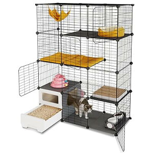 Topzoo 猫 ケージ トイレ付き 高さ143×幅107×奥行き45cm トイレ一体型 防臭 飛散軽減 3段 引き出し スコップ付き 掃除しやすい キャットケージ 組立簡単 猫用ケージ 大型 幅広 多頭飼い 脱走防止