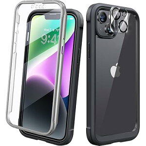 Diaclara iPhone14 用 ケース 6.1インチ バンパーケース 画面保護フイルム付き 背面クリア PC+TPU 全面保護 両面 ケース ワイヤレス充電対応 黒