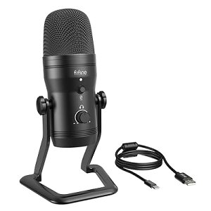 FIFINE USBマイク コンデンサーマイク ステレオレコーディングマイク ミュートボタンと音声モニター可能な3.5mmイヤホン端子付き 極性調整可能 パソコン録音 ゲーム実況 ライブ配信 Skype Discord