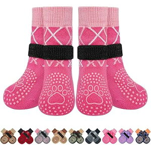 BINGPET 犬 靴下 犬用靴下 滑り止め 足保護 6個セット 肉球保護 犬の靴下 柔らかい 脱げない ペットソックス かわいい犬の足跡 防寒 転倒防止 秋冬 屋内用 通気性 介護 老犬 サポート 足舐め防