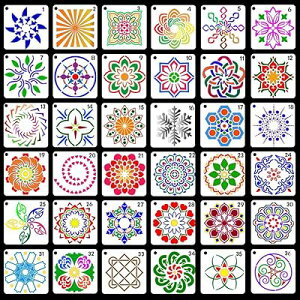 Rolin Roly マンダラ 小さな曼荼羅絵テンプレート 心理療法 製図用 36種類 9x9cm テンプレート DIYスクラップ ステンシルシート 教育用 絵画 透彫 ホワイト (小さな曼荼羅)