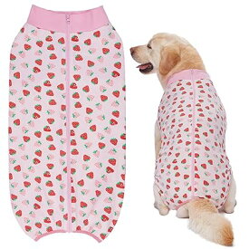 KUVEELA PET 大型犬 中型犬 術後服 メス オス 犬 手術後 服 犬用術後ウェア 介護服 ペット服 エリザベスカラー 避妊 離乳 傷口保護（（イチゴ柄）ピンク 4L）