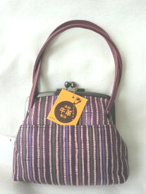 日本製　革製品　親子がま口　ミニバッグ　財布　　レトロ　紫　ストライプ　もち手つき　がま口財布