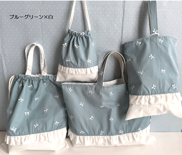 ハートキルト　レッスンバッグ　上履き袋　体操着袋　リボン　刺繍生地　ハンドメイド 楽天市場】5点セット・リボン刺繍・ハートキルティング