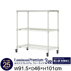 業務用 高度防錆加工 ラック スチールラック 幅90 奥行45 3段 ソリッドシェルフ ワイヤーラック 収納 棚 リビング すき間収納 キッチンラック 本棚 25mm ルミナスプレミアム 幅91.5 奥行46 高さ101