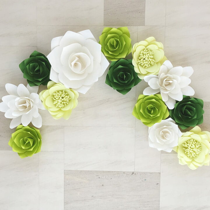 楽天市場 ジャイアントフラワー 手作りキット 13点セット グリーン ホワイト カラーミックスセット 結婚式やパーティーに たくさん貼って華やかな ウォールデコに ペーパーフラワー ジャンボ 飾り付け ウォールフラワー 紙 壁 アナザークルーウェディング