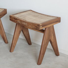 ピエール・ジャンヌレ スツール オットマン ラタン 古材 チーク ビルマチーク 椅子 ブラウン Pierre Jeanneret Low Cane Stool リプロダクト ピエールジャンヌレ ル・コルビュジエ インダストリアル レトロ 男前 北欧 ブルックリンスタイル 工業系 カフェ インド おしゃれ