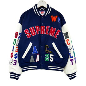 Supreme 国内正規 25SS Praises Varsity Jacket プレイズ バーシティジャケット スタジャン アーチロゴワッペン 袖レザー Navy ネイビー 紺 M【中古】