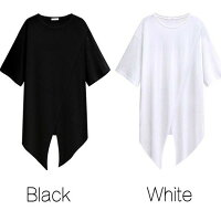 ディープスリットロングTシャツレディースホワイトブラックアシンメトリースリット黒白涼しい半袖薄手五分袖ワンピース半袖ゆったりtシャツワンピ無地アウトドアおしゃれ大きいサイズかっこいい運動会