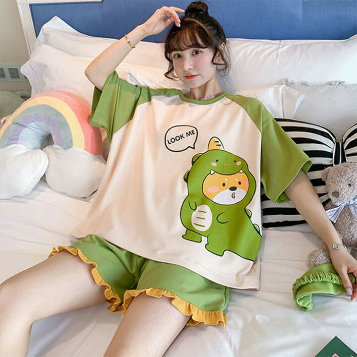 楽天市場 パジャマ レディース 半袖 可愛い ルームウェア おしゃれ セットアップ パジャマ 上下セット 恐竜 Dinosaur 女の子 かわいい 部屋着 大人 学生 高校生 カジュアル 春 夏 涼感 涼しい セクシー 肌さわり 寝間着 寝巻き ギフト 韓国ファッション M L Xl Xxl