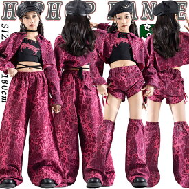 上品 デニム生地 ピンク 豹柄 キッズ ダンス衣装 セットアップ 女の子 チア チアガール 韓国 k-pop トップス ファッション ヒョウ柄 サルエルパンツ レッグウォーマー ヒップホップ ジャズダンス 発表会 演出服 団体服 練習着 ストーリー系 原宿系 ギャル系 おしゃれ 派手