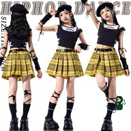 キッズ ダンス 衣装 黒 黄色 プリーツスカート チェック 女の子 韓国k-pop jazz チア チアガール トップ…