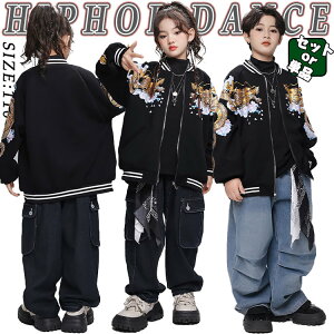 金色 竜柄 キッズ ダンス衣装 セットアップ 女の子 男の子 黒色 浮世絵 和風 チャイナ 中華服 長袖 野球 シャツ ベースボールシャツ トップス デニムパンツ サルエルパンツ ジャズダンス ヒ