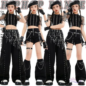 ストライプ柄 黒色 半袖 ショート丈トップ 女の子 チア 韓国 k-pop チアガール キッズ ダンス衣装 セットアップ おしゃれ ファッション肩だし ダンスウェア トップス カーゴパンツ サルエルパ