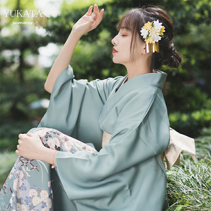 楽天市場 浴衣 ゆかた Yukata レディース 2点セット 作り帯 巾着袋 足袋 グリーン 緑 初心者 きもの 洗える 女性 街着 文化祭 夏 花火 可愛い 花見 花柄 婦人 レトロ 古典 青い 寝巻き 部屋着 大人 簡単 着れる ポリエステル 母の日