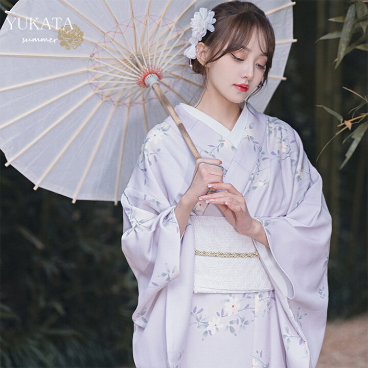 楽天市場 500円クーポン 浴衣 ゆかた Yukata レディース 女性 巾着袋 足袋 作り帯 洗える 街着 お稽古 ショッピング 文化祭 夏 花火 髪飾り 花柄 上品 可愛い 花見 婦人 パープル 紫 古典 簡単 着れる キュート 大人シンプル 寝巻き 部屋着 パープル 紫