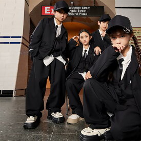 黒色 パンツスーツ スーツセット キッズ ダンス衣装 フォーマル セットアップ 長袖 ジャケット シャツ ベスト 男の子 女の子 小学生 中学生 入学式 卒業式 七五三 結婚式 韓国 ファッション 演出服 舞台服 発表会 団体服 jazz ジャズダンス HIPHOP K-POP oversize