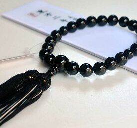 【略式念珠】【男性用数珠】黒オニキス22玉正絹頭房/桐箱〔紬の念珠入れ付き〕【パワーストーン】【数珠】【仏具】【法要】【お通夜】【お葬式】【お墓参り】【お盆】【お彼岸】【冠婚葬祭】【プレゼント】【法事】【数珠】【ブラックオニキス】