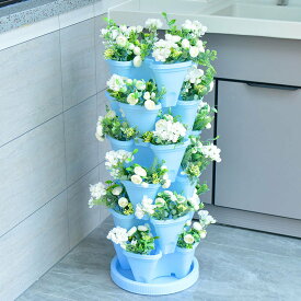 6段垂直ガーデンプランター ホイール付き 4バルブ プラスチック 積み重ね可能 イチゴ植栽ポット 屋内屋外用 庭の植木鉢 ガーデンタワー 花、野菜、ハーブ用