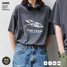 【メール便対応C】【一部予約】宇宙プリント 半袖 Tシャツ レディース メンズ 男女兼用 ユニセックス ノームコア トップス カットソー 綿100％ クルーネック オーバーサイズ ピグメント加工 ヴィンテージ感 古着風 カジュアル M/L/XL/XXLサイズ 春 夏 秋 ANME アンメ