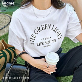 【メール便対応B】コットン ロゴ プリント 半袖 Tシャツ レディース アーチ クルーネック ドロップショルダー サイドスリット 抜け感 コーマ天竺 ロゴTシャツ S/Mサイズ 春 夏 秋