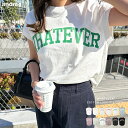 ロゴ プリント WHATEVER フレンチスリーブ Tシャツ レディース トップス ロゴTシャツ 半袖Tシャツ カットソー 体型カバー 二の腕カバー オーバーサイズ ゆったり 半袖 ノースリーブ シアー コットン カジュアル 夏服 春夏 春 夏 秋