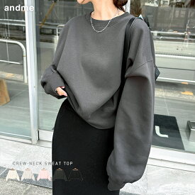 裏起毛 スウェット ショート丈 トップス レディース 長袖Tシャツ ロンT カットソー スウェットトップス トレーナー オーバーサイズ 体型カバー ゆったり 楽ちん ボリューム袖 オフィス カジュアル 冬服 あったか 暖か 防寒 M L 秋冬 春 秋 冬