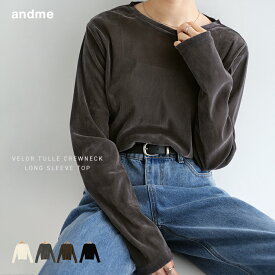 ベロア チュール 長袖 トップス レディース 長袖Tシャツ ロンT カットソー シャツブラウス インナー 体型カバー ゆったり クルーネック ショート丈 セレモニー きれいめ オフィス カジュアル トレンド 秋服 冬服 春夏 秋冬 春 秋 冬