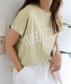 【メール便対応B】ピグメント加工 コットン天竺 WHATEVER かすれロゴプリント フレンチスリーブ Tシャツ レディース サイドスリット ヘムライン 春 夏 秋