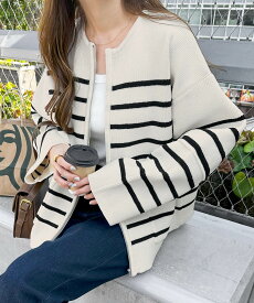 カーディガン ノーカラー ニット ジャケット レディース ノーカラージャケット ウールコート ブルゾン ジャンパー トップス アウター 羽織り オーバーサイズ 体型カバー ゆったり ジップ 無地 ボーダー きれいめ オフィス カジュアル 春服 秋服 冬服 春夏 秋冬 春 秋 冬