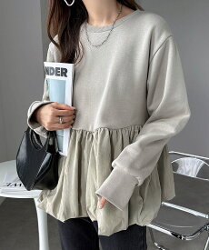 裏起毛 スウェット ペプラム トップス レディース 長袖Tシャツ ロンT カットソー スウェットトップス トレーナー オーバーサイズ 体型カバー ゆったり 楽ちん ミドル丈 ウエストカバー Aライン フレア コットン きれいめ カジュアル あったか 暖か 防寒 秋冬 春 秋 冬