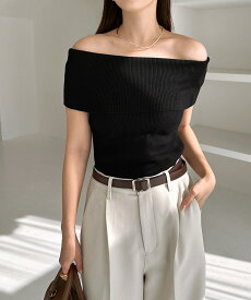 シアー オフショルダー リブ ニット トップス レディース ニットトップス 半袖トップス サマーニット リブニット Tシャツ 体型カバー リブ ストレッチ オフショル 肌みせ 肩だし きれいめ M L 春夏 春 夏 秋