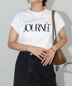 ロゴ プリント フレンチスリーブ Tシャツ レディース トップス カットソー 半袖 tシャツ ロゴTシャツ コットン 綿100% カジュアル きれいめ フロッキーロゴ 箔プリント 体型カバー 二の腕カバー 薄手 オーバーサイズ コーマ天竺 春夏 春 夏 秋