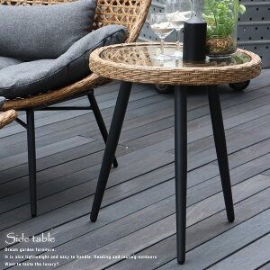 サイドテーブル ガラステーブル リゾートテーブル 丸テーブル バリ風 南国風 アジアンテイスト ガーデン家具 ガーデンファニチャー 強化ガラス デザイナーズ風 アウトドア バルコニー テラ