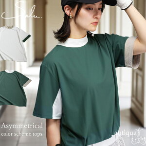 配色トップス レディース 半袖 モックネック Tシャツ 送料無料・(80)メール便可