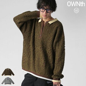 透かし編みレイヤードポロニット ユニセックス 長袖 送料無料・メール便不可