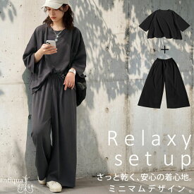 【予約：6月中旬納期】コーデに悩まない服。セットアップ レディース トップス ワイドパンツ 半袖 速乾 ドルマン ゆったり 体型カバー 軽量 上品 無地 落ち感 きれいめ カジュアル モード シンプル 高見え クルーネック antiqua 送料無料・再入荷 メール便不可