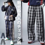 ANTIQUA GOLF×STCH パンツ レディース チェック柄 ロングパンツ ワイドパンツ ウエストゴム 調節紐 ロゴ…